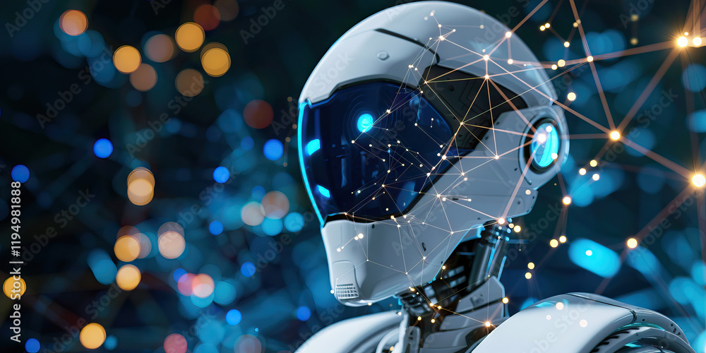 Aufkleber robotic head with network overlay and bokeh background