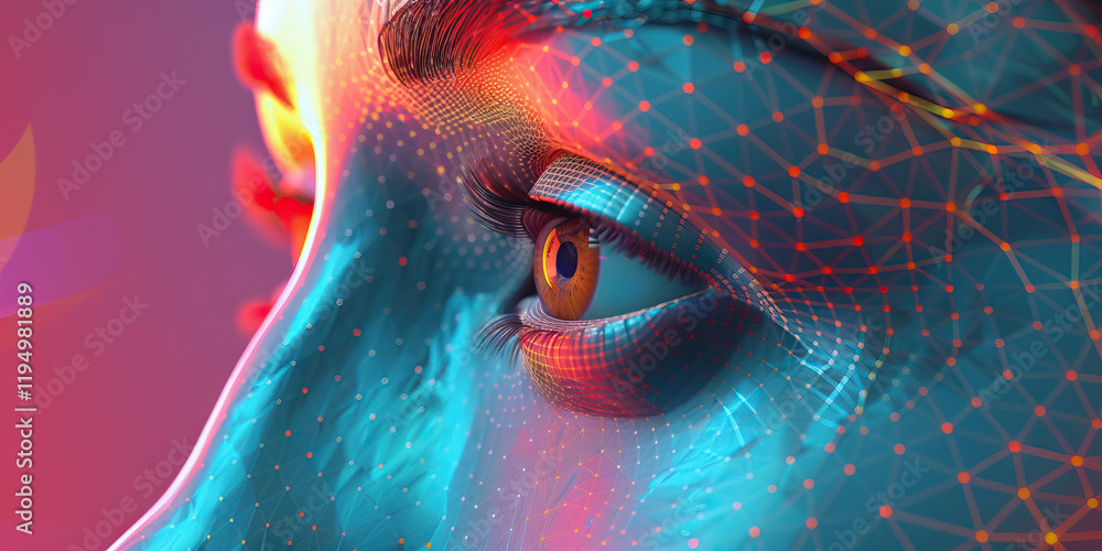 Poster digital rendering of a female eye with network overlay