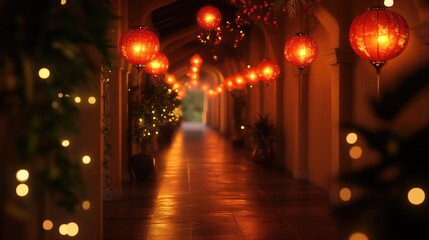 A festive corridor lined with glowing red lanterns, radiating warmth and creating a captivating, traditional atmosphere for celebrations.