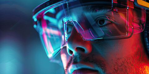 Close-up of Male Face with Protective Eyewear under Neon Lighting