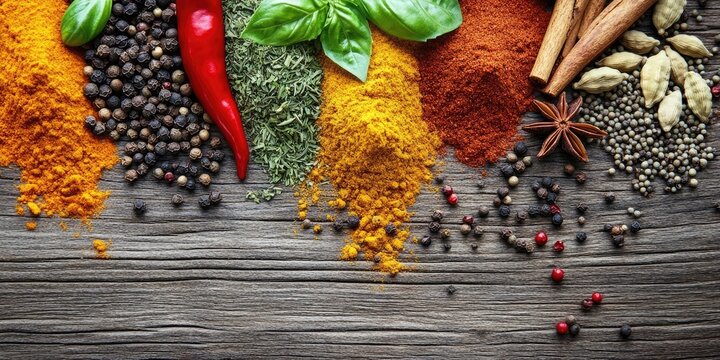 Vibrant array of spices including turmeric, paprika, and basil arranged on a rustic wooden surface with ample copy space for text.