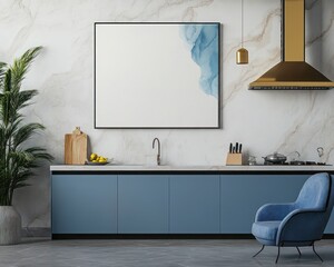 Contemporary kitchen with a canvas frame mockup on the wall and chic modern features