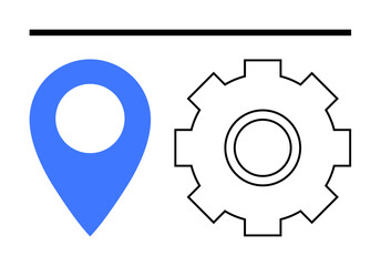 Blue location pin and black gear side by side under horizontal line. Ideal for navigation, maintenance, workflow, operations, tech, industrial planning, abstract line flat metaphor
