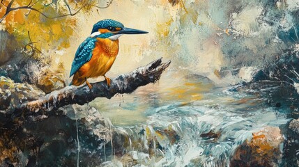 A colorful kingfisher perched on a branch overhanging a crystal-clear stream