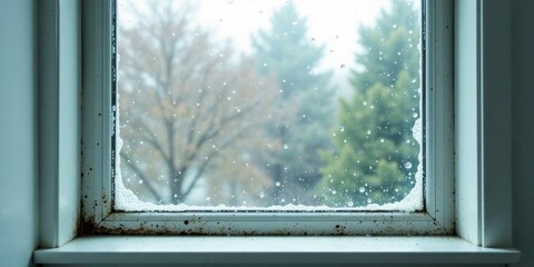 Obraz premium Window Frame with Water Damage and Exterior View