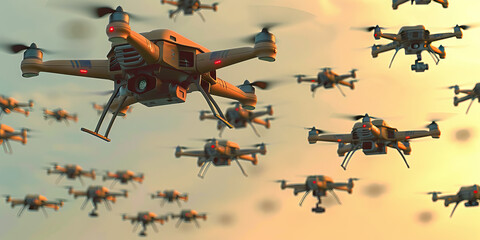 Swarm of Tan Quadcopter Drones in Flight