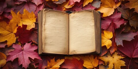 Vintage open book with blank pages atop vibrant red and yellow maple leaves evoking autumn and Thanksgiving warmth and nostalgia.