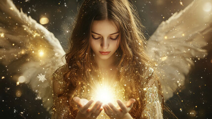serene angelic figure with glowing hands surrounded by golden light and sparkles.