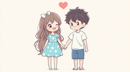 Cute Kawaii Couple Happily Holding Hands