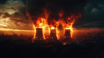 A fiery blaze erupts from three cooling towers, casting an ominous glow over a darkened skyline, highlighting the destructive power of industrial processes.