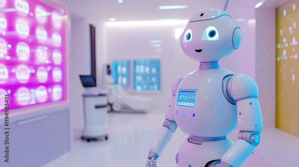 Poster a friendly robot in a modern, brightly colored room presents a pill display, symbolizing innovation 