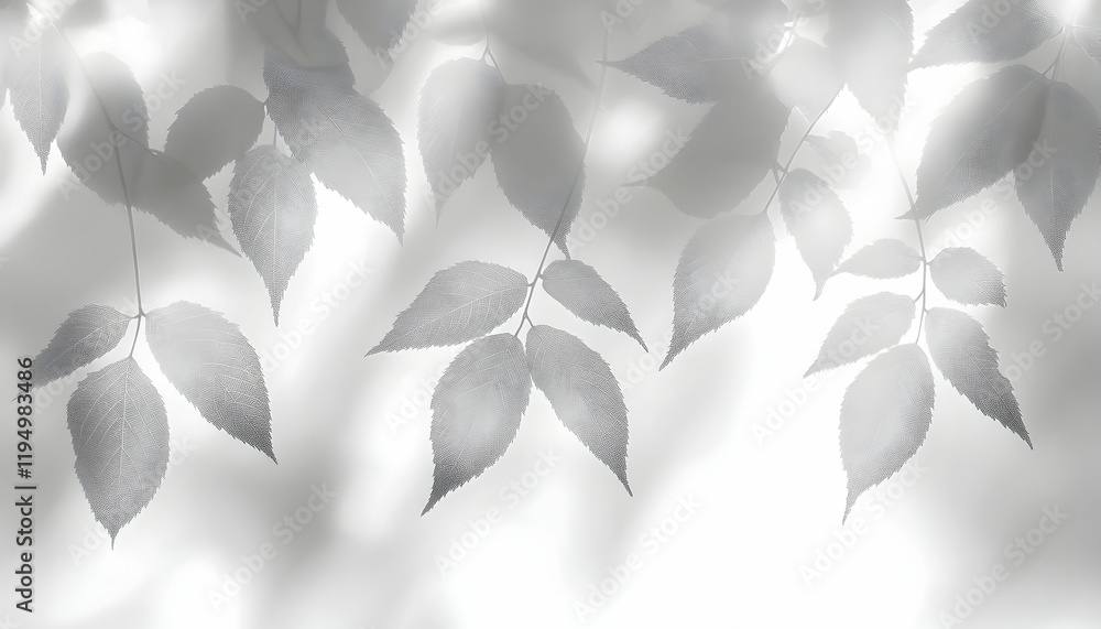 Poster serene grayscale image of delicate leaves backlit by soft sunlight, creating ethereal shadows and te