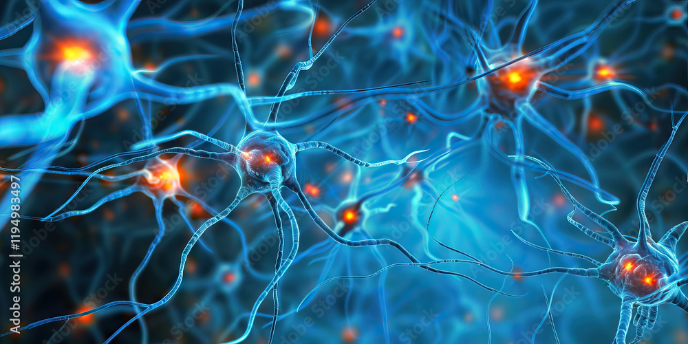 Poster digital microscopic rendering of interconnected neurons