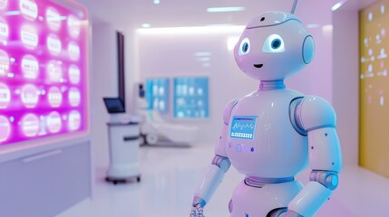Fototapeta premium A friendly robot in a modern, brightly colored room presents a pill display, symbolizing innovation in healthcare technology and medication management.