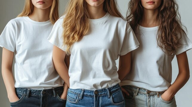Studio shot three women, white tees, jeans, gray backdrop, apparel mockup