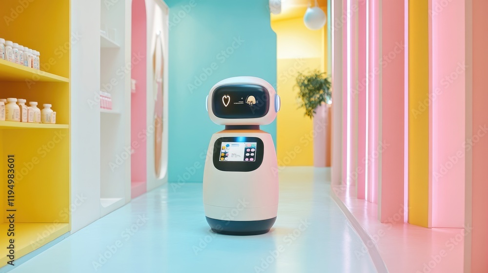 Poster A friendly robot with a pill display stands in a brightly colored room, offering a futuristic approach to healthcare and medication management.