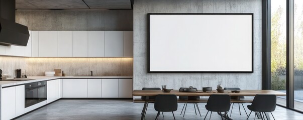 Contemporary kitchen with a large canvas frame mockup on the wall featuring modern cabinets