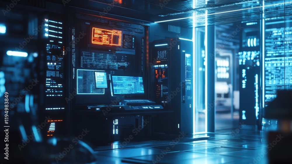 Poster A futuristic cybersecurity theme showing a private server with IoT devices, protecting data from cyber threats and unauthorized access by hackers.
