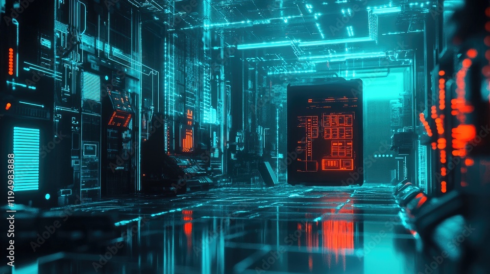 Poster A futuristic cybersecurity theme showing a private server with IoT devices, protecting data from cyber threats and unauthorized access by hackers.