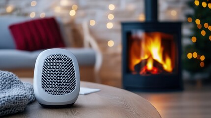 Cozy Living Room Scene with Speaker, Warm Fire, Decorative Lights, and Blanket on Table for Winter Comfort