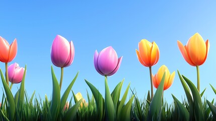 Colorful tulips blooming in a vibrant green field under a blue sky.
