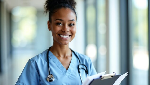 Smiling Nurse in Scrubs Holding Clipboard and Stethoscope in Hospital