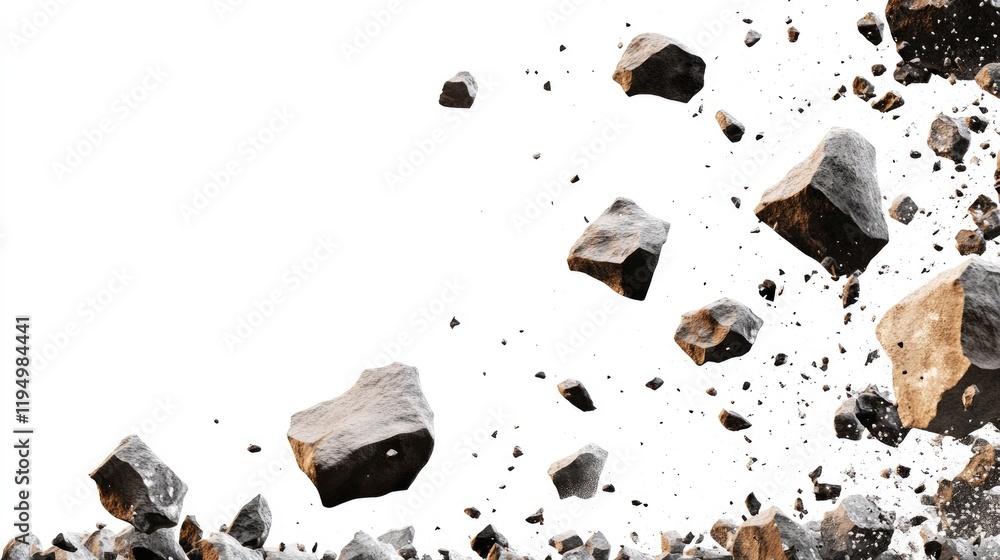 Fototapete A generative AI illustration showing rocks and debris falling, creating a sense of motion and impact against a stark white background.
