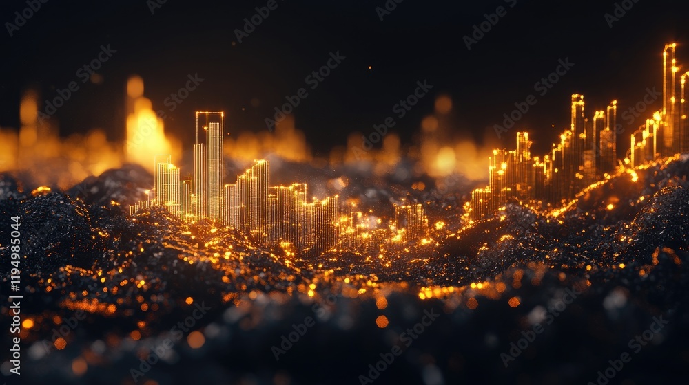 Poster a glowing gold line chart rising on a dark background, with visual elements like gold bars and data 