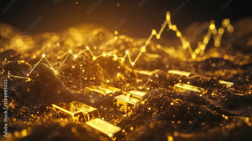 Poster a glowing gold line graph depicting the rising price of gold, with data points on a dark background 