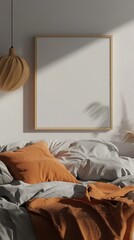 Cozy bedroom with a canvas frame mockup showcasing calming tones and simple furniture