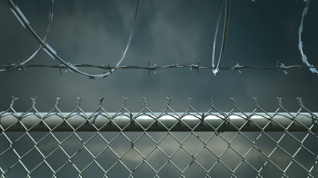 Camera fly over the barbed wire fence. Cloudy sky in the background. Includes Alpha channel. 
