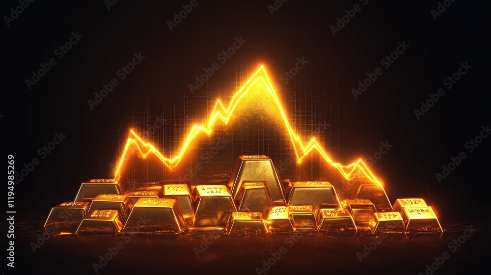Poster a glowing gold line graph on a dark background, highlighting the rising value of gold, with gold bar