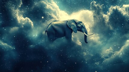 Elephant floating amidst cosmic clouds and stars.