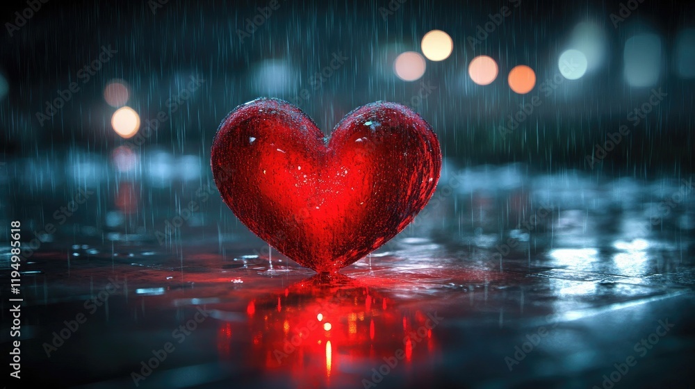 Poster a glowing red heart against a rainy night backdrop, with bokeh lights creating a romantic and intima