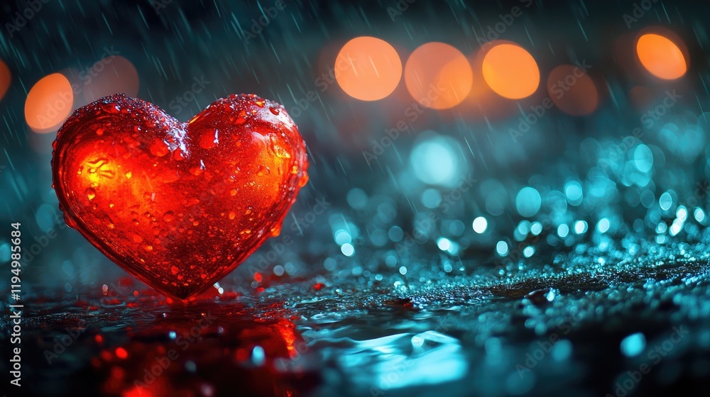 Poster a glowing red heart against a rainy night backdrop, with bokeh lights creating a romantic and intima