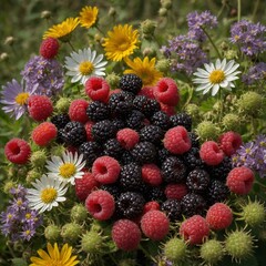 "An elegant arrangement of blackberries and raspberries placed among colorful wildflowers."