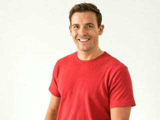 Obraz premium Portrait of a Happy Middle-Aged Man in a Red T-Shirt Smiling at the Camera, Close-Up Shot of a Cheerful Man with a Warm and Friendly Expression, Perfect for Positive and Approachable Themes