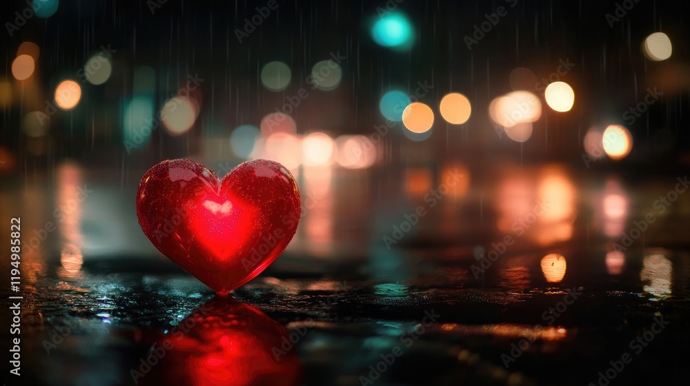 Poster a glowing red heart on a rainy night, illuminated by soft bokeh lights in the background, creating a