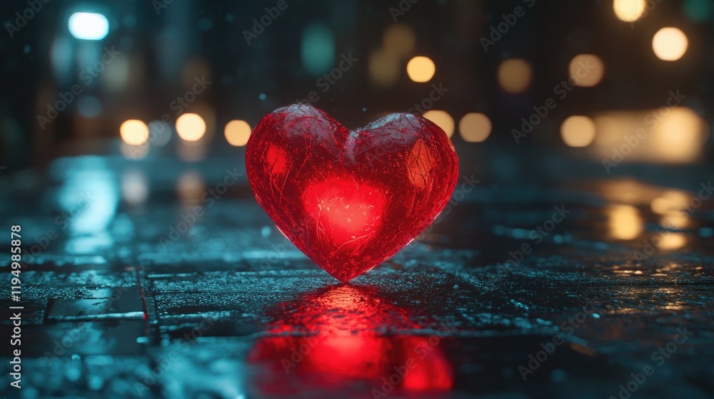 Aufkleber a glowing red heart on a rainy night, illuminated by soft bokeh lights in the background, creating a