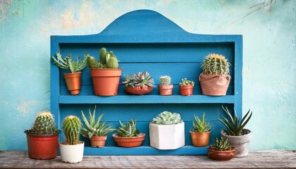 Charming Vintage Rustic Blue Wooden Shelf Design Sign Adorned with Potted Succulents and Cacti....