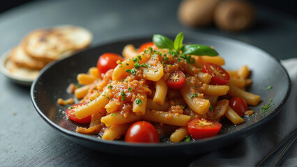 Fresh pasta dish with cherry tomatoes and herbs served on a dark plate with a side of crackers