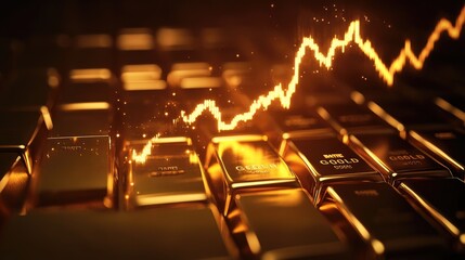 Obraz premium A glowing upward gold line graph symbolizing the rise in gold prices, set against a dark background with gold bars beneath, adding a visual financial theme.