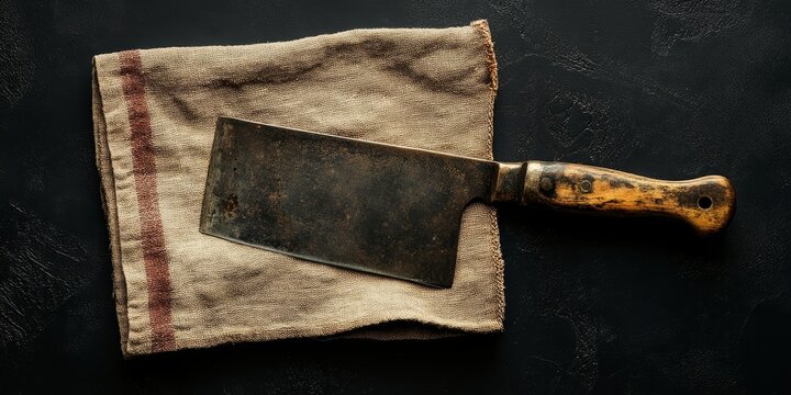 Antique meat cleaver positioned on a beige towel with a red stripe atop a black background ample empty space for text above and around