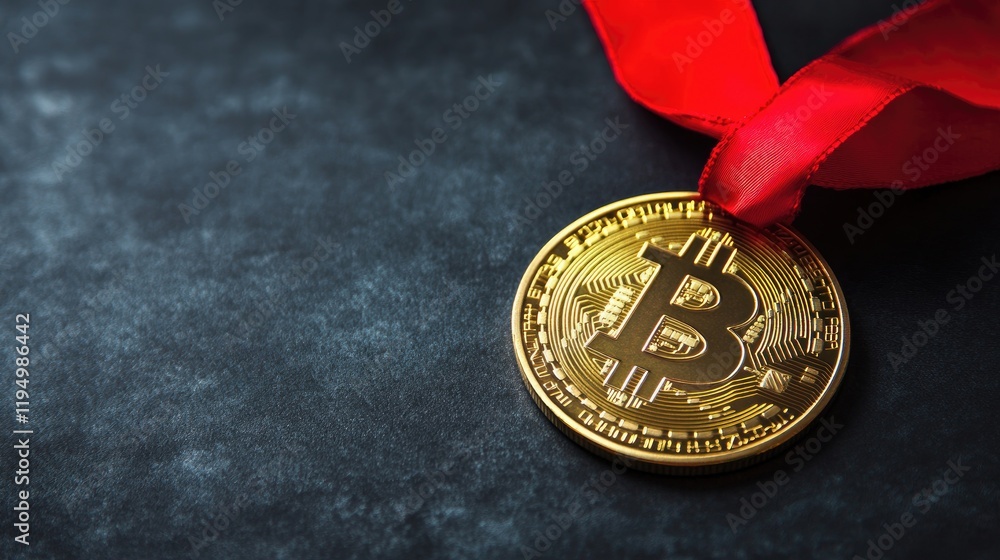 Aufkleber a golden bitcoin medal with a red ribbon on a dark background, symbolizing achievement and recogniti