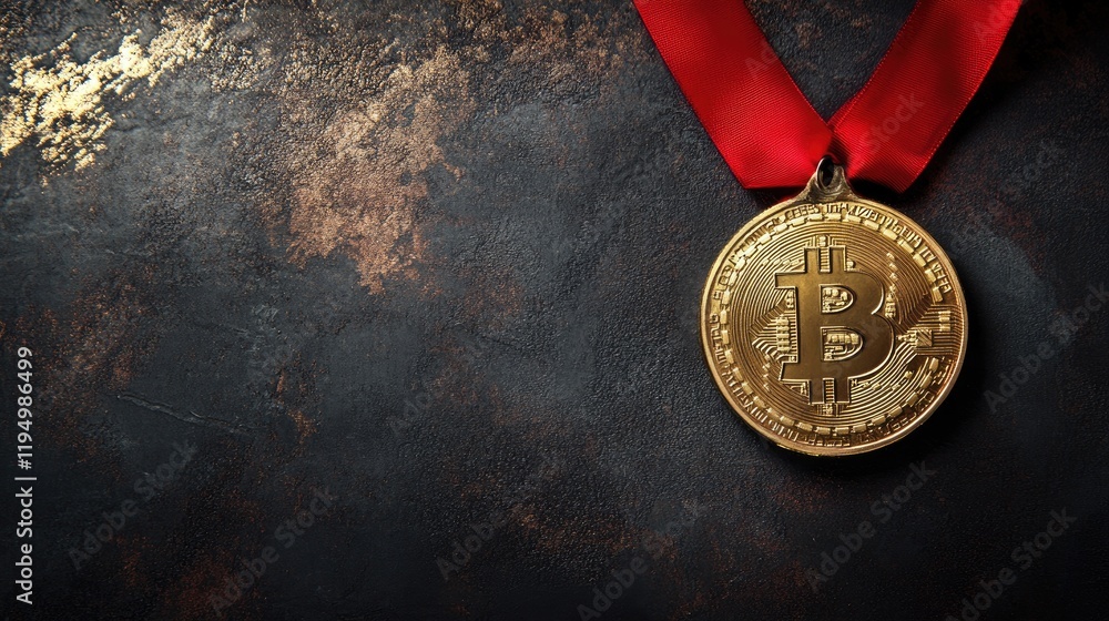 Poster A golden Bitcoin medal with a red ribbon on a dark background, symbolizing achievement and recognition in cryptocurrency or blockchain-related rewards.