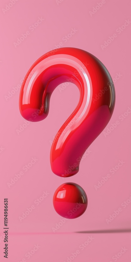 Poster a red question mark is floating in the air. the question mark is made of a shiny, reflective materia