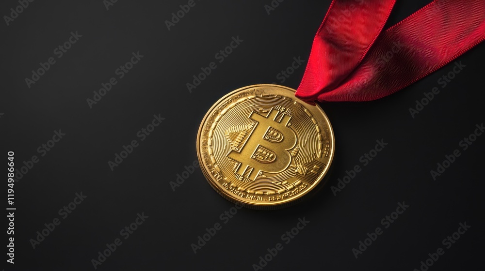 Poster A golden Bitcoin medal with a red ribbon on a dark background, symbolizing achievement and recognition in cryptocurrency or blockchain-related rewards.