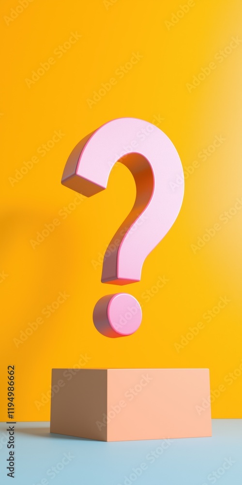 Poster a pink question mark is floating above a yellow box. concept of curiosity and wonder, as the questio