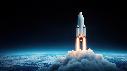 Naklejka premium Rocket Launch into Space with Bright Flames and Clouds against Outer Space Background