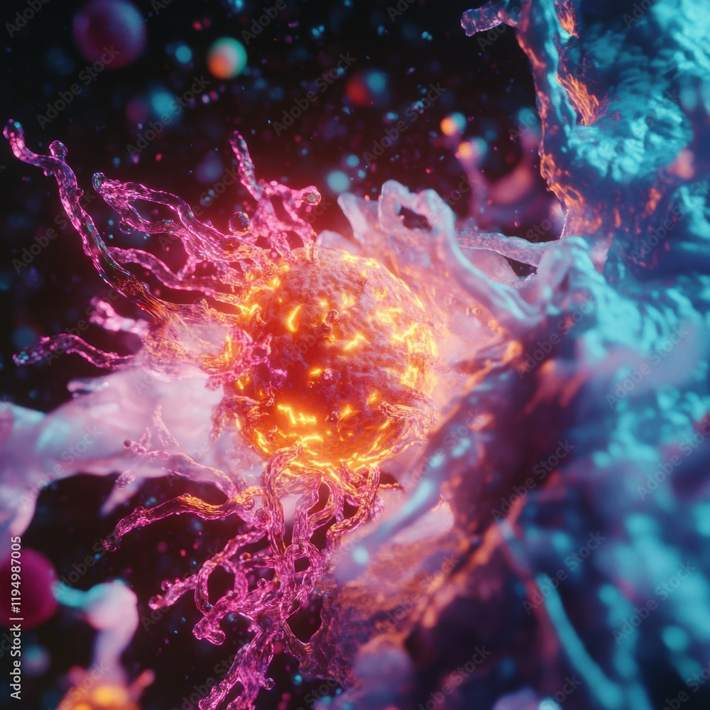 Fototapete magnified human cell under attack by virus in microscopic environment showcasing cellular interactio